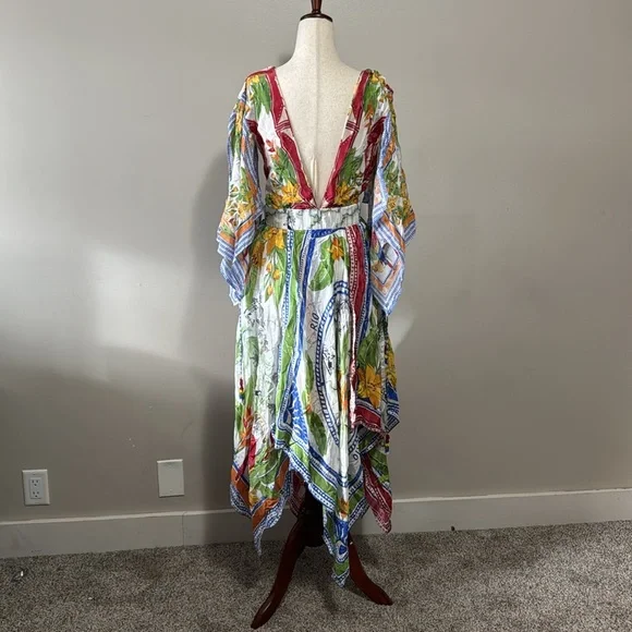 FARM RIO Women's Off-White Tropical Destination Kimono Sleeve Midi Dress Size M - Picture 6 of 10